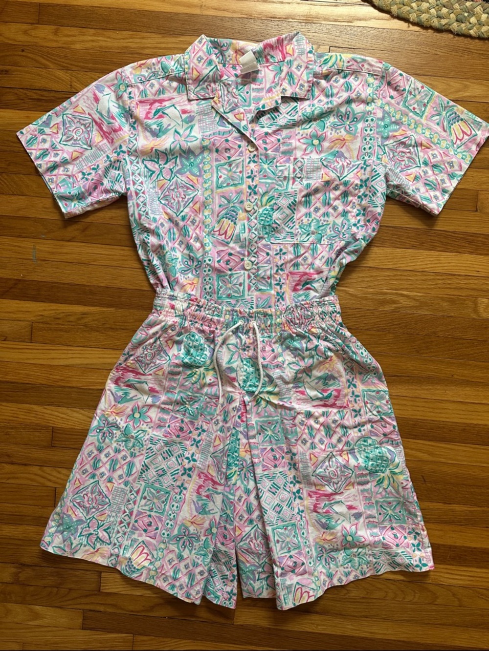 Vintage Jantzen Pink & Teal Print Shorts Set